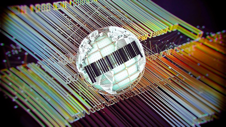 A computer-generated ball bearing a barcode sits amid a sea of other barcodes