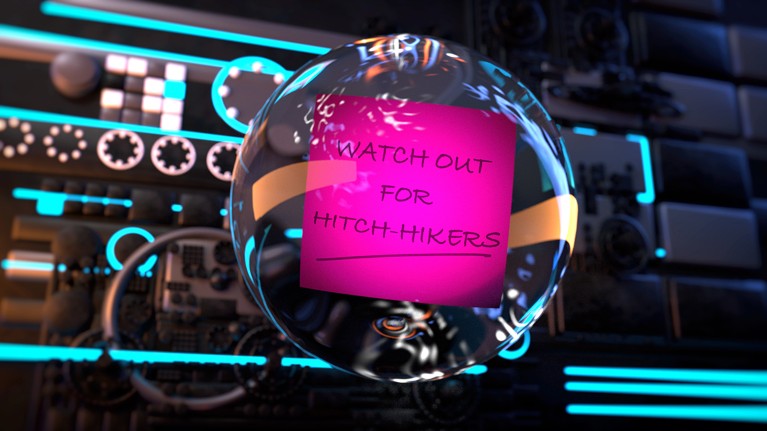 A post-it note with the words ‘Watch out for hitch-hikers' sits in a bubble on a futuristic dashboard