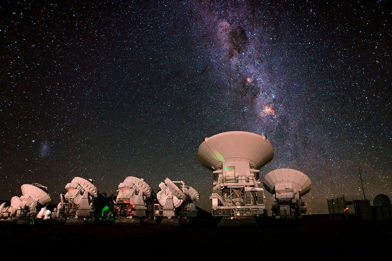 View of the Milky Way over the antennas of the ALMA telescope array at night.