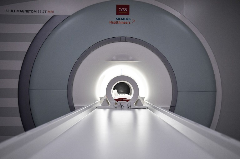 The front of a white magnetic resonance imaging (MRI) machine.