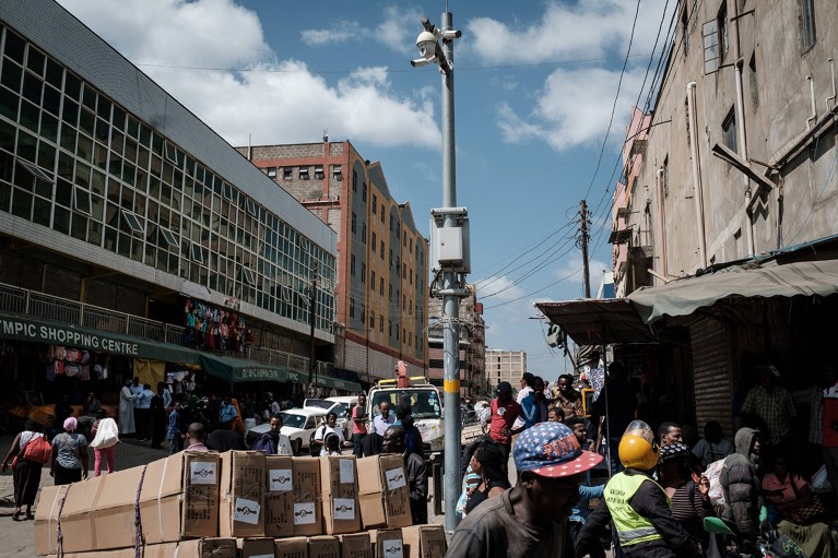 A surveillance camera is seen on a street in Nairobi.