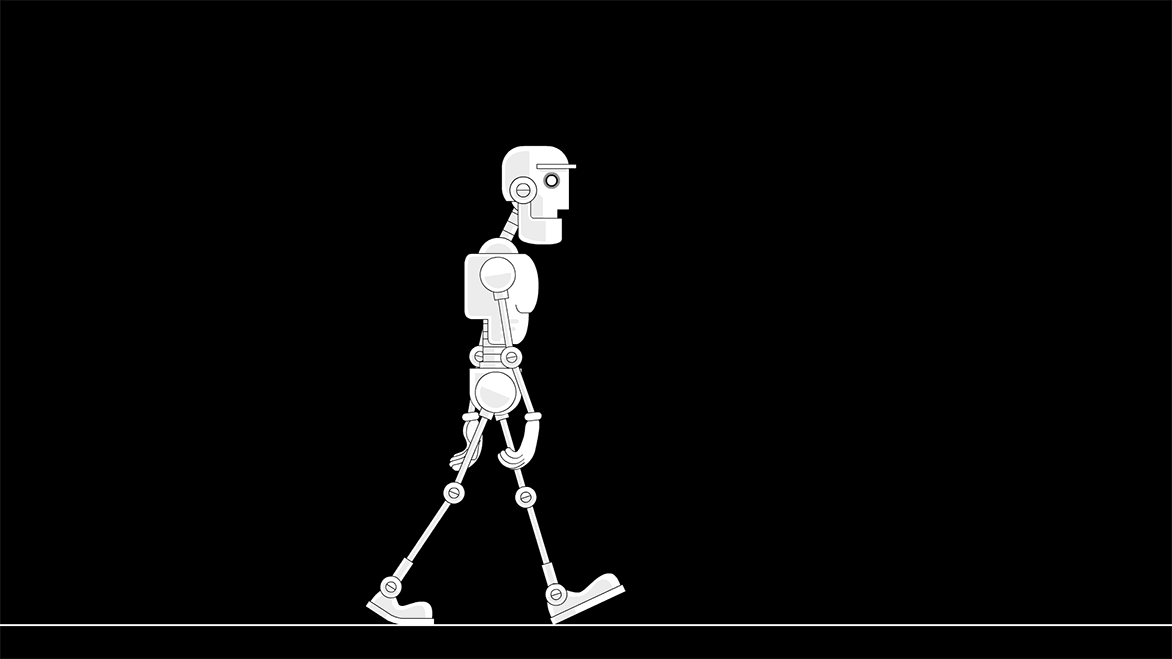 An animated illustration showing a walking robot facing unknown obstacles and learning how to overcome them.