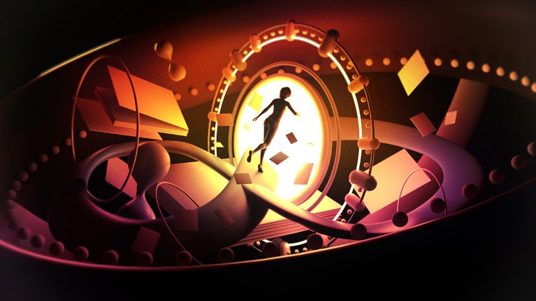 A female figure runs towards a glowing portal of light that framed by a dial-like circle