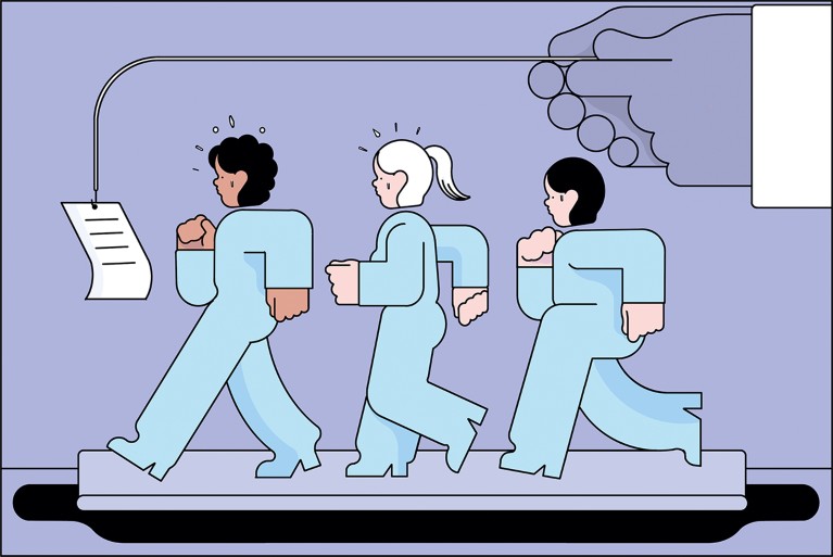 Illustration showing people running on a treadmill chasing after paper on a fishing rod.