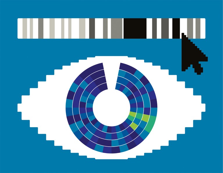 Illustration of an eye with the iris filled with coloured segments and a colour picker and mouse arrow.