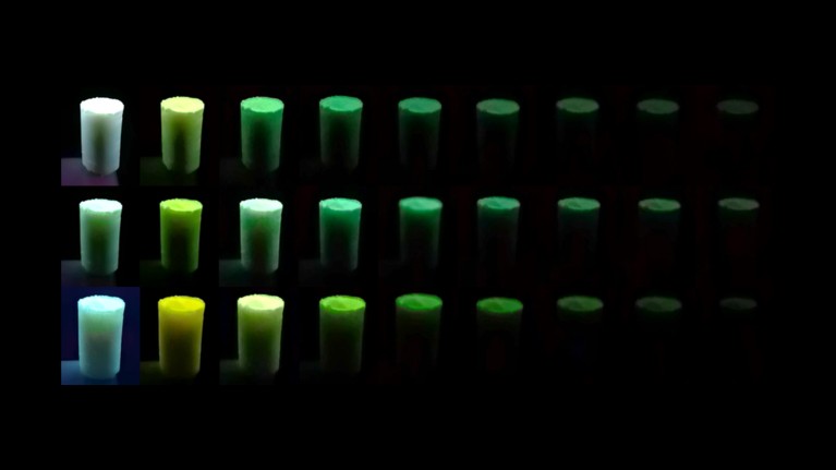 A sequence of photographs showing foams glowing different shades and brightnesses of green