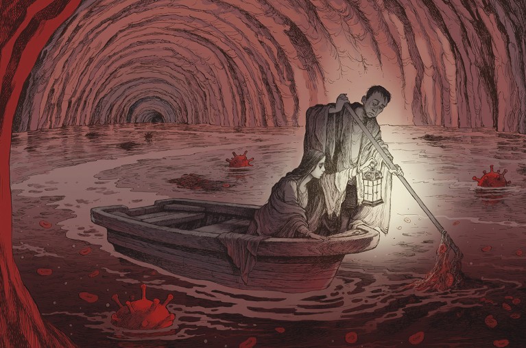 Illustration that shows two people in a boat going down a blood vessel containing coronavirus and blood clots.