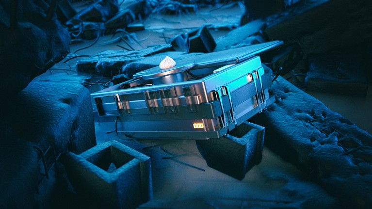 A metallic box sits with its lid ajar in a futuristic landscape. Atop the equipment seen within the box sits a single baozi.