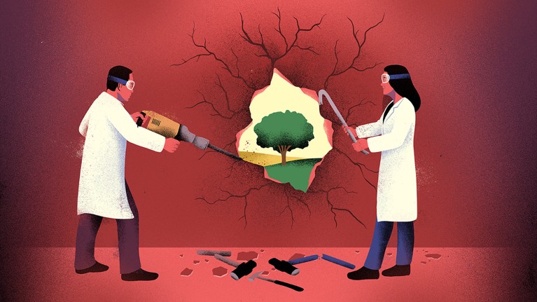 Two scientists use tools to break through a wall through which green hills and a tree can be seen.