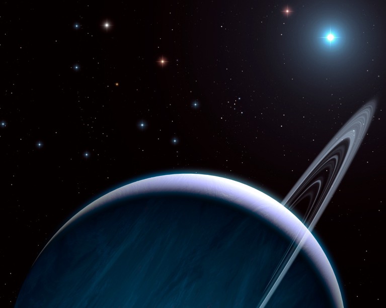 An artist’s impression of a gas giant planet on a distant orbit around a blue star