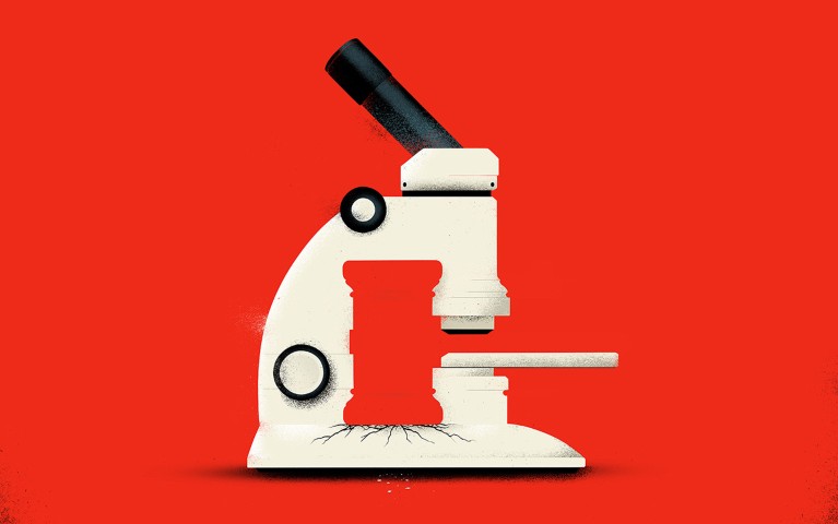 Cartoon of a microscope with the shape of a gavel forming the negative space of it's body with cracks appearing at the base