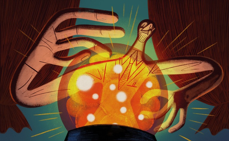 Conceptual illustration showing a scientist looking into a crystal ball with an embryo inside.