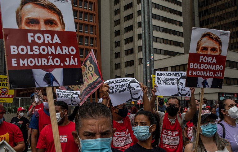 People protesting against Jair Bolsonaro, the Brazilian president, in São Paulo, Oct. 2, 2 021.