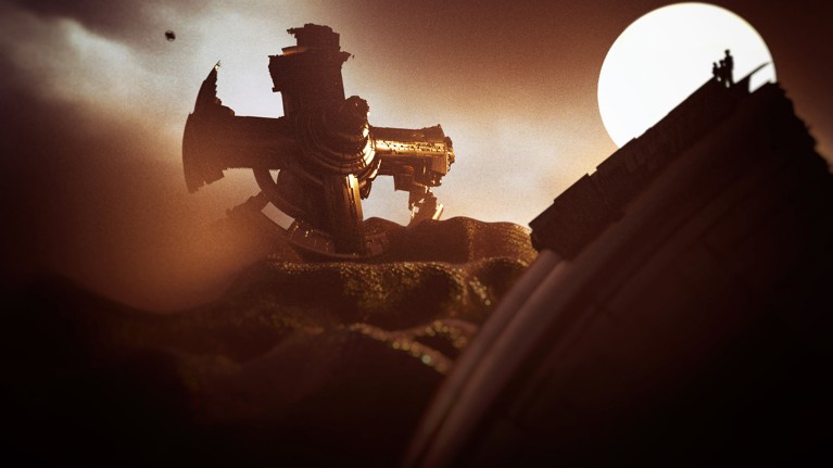A damaged space station sits in the middle of the rocky landscape while figures in silhouette look down from a distant platform