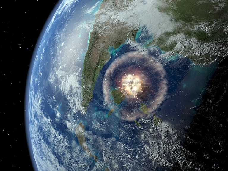 Cretaceous-Tertiary Impact. Computer artwork of a large asteroid hitting Earth 65 million years ago.