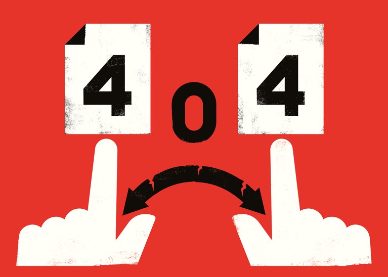 Cartoon showing a sad face made out of two documents, two hands, a curved arrow and the error code '404'