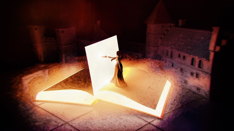 A woman in a ballgown stands on the pages of a large glowing book reaching out her hand to a page that is turning