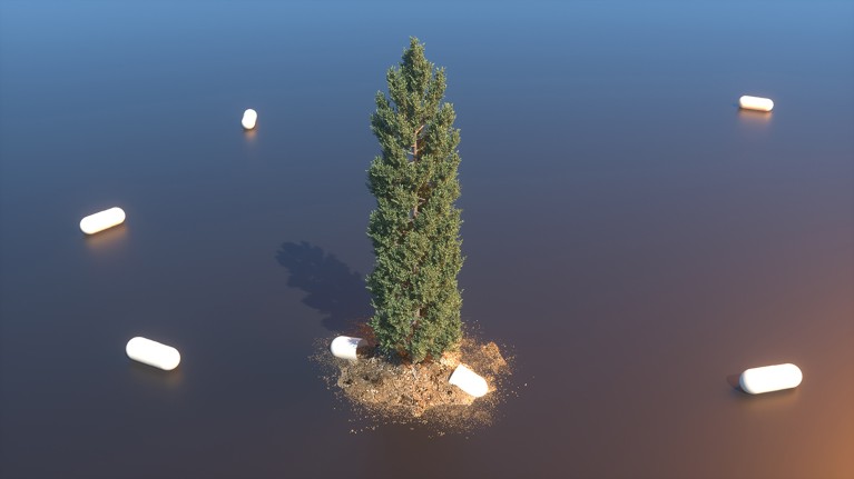 A cypress tree surrounded by water grows from a large broken drug capsule. Other drug capsules float in the water