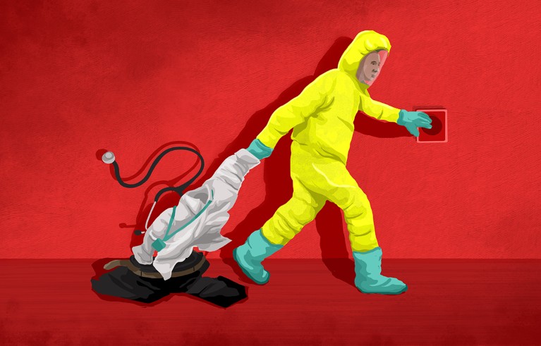 Illustration showing a doctor pressing an alarm button on the wall and throwing off his white coat to reveal a hazmat suit