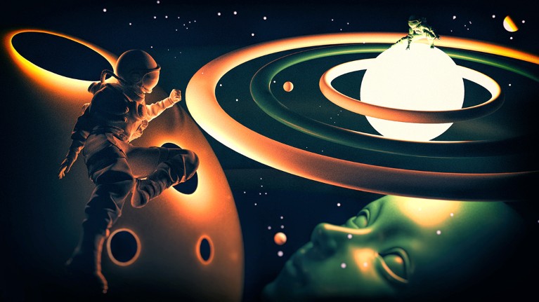 A figure in a spacesuit floats above a planet looking across at another figure in a space standing atop a ringed planet