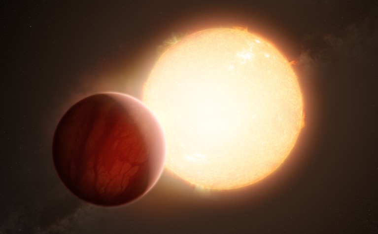 这是一幅艺术家的印象，展示了一颗超热的系外行星即将从它的主恒星前面经过