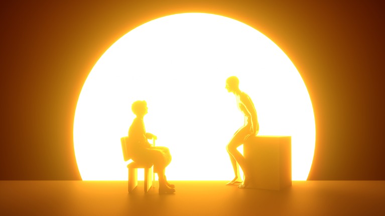 Two figures sit opposite each other in front of a setting sun, one is human, the other robotic