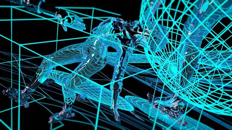 A computer-generated wireframe human figure wearing rollerblades arcs its body as it pushes itself into a CGI sphere