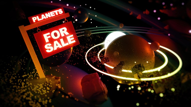 A large sign saying “Planets for sale” floats in space near a row of planets and asteroids