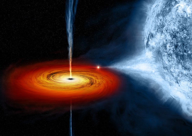 Artist's illustration of a black hole sucking in material from a star.