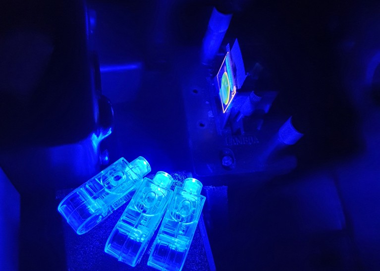 PMMA film under illumination with a blue LED light source
