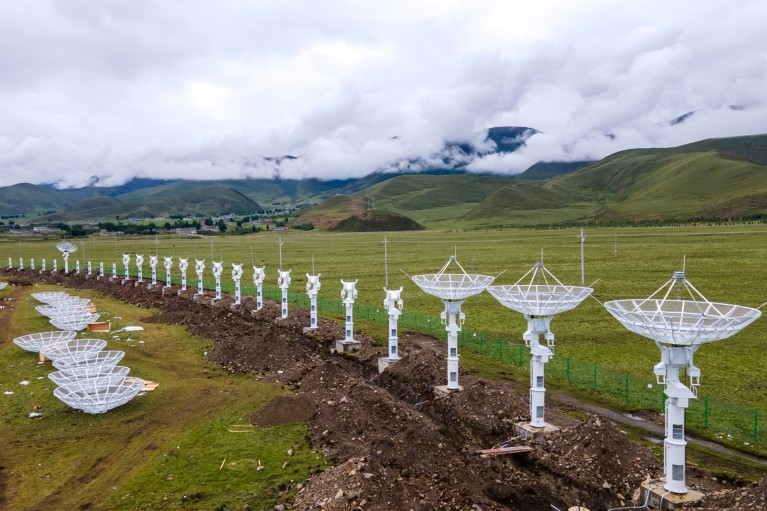 Aerial view of the parabolic antennas at the construction site of the Solar Radio Telescope in China