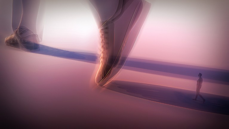 A small human figure stands looking up at a giant pair of feet that blur as they walk