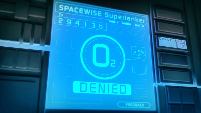 A computer screen on a cargo ship wall displays the words “Spacewise Supertanker: O2 Denied”