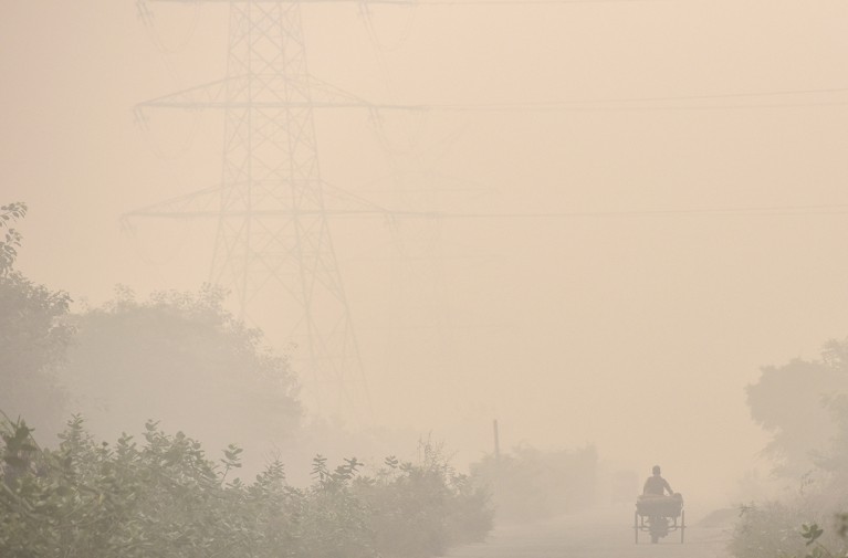 The street view of Sector 125 in Noida, India, shows very dense pollution, with a bicyclist riding through the haze.