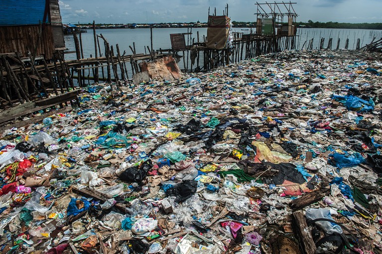 Household plastic waste is piling up at the sea fisherman's settlement of Belawan in Medan, North Sumatra province, Indonesia.