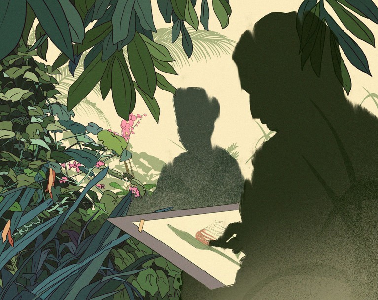 Cartoon showing two shadowy figures sketching and working in a botanic garden.