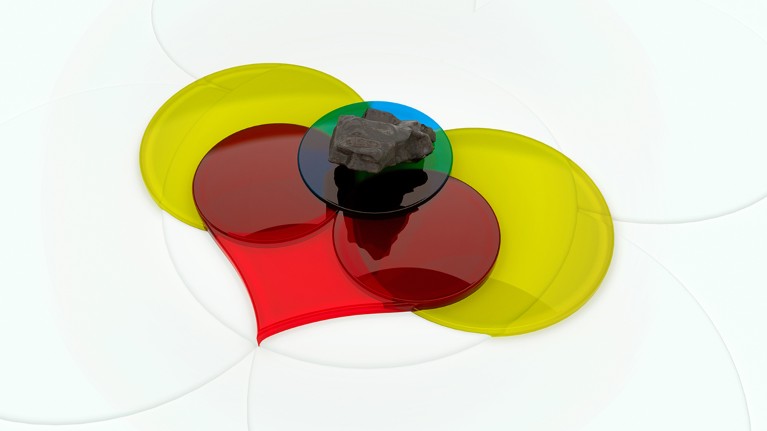 Coloured plastic discs overlap to form a Venn diagram on top of which sits a red plastic heart and a sample of rock