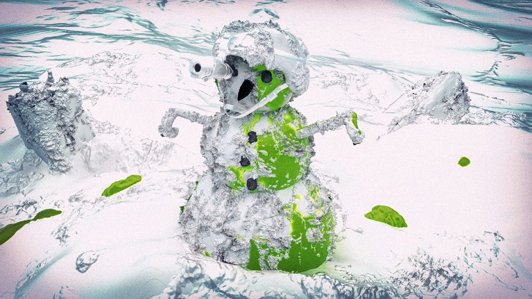 A somewhat ramshackle snowman, partly composed of green goo, sits in an icy landscape