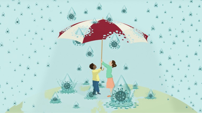 An illustration of a boy and a girl holding an umbrella. Rain drops are viruses, only Covid-19 viruses penetrate the umbrella.