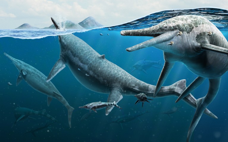 Artist’s life reconstruction of adult and newly born Triassic ichthyosaurs Shonisaurus underwater