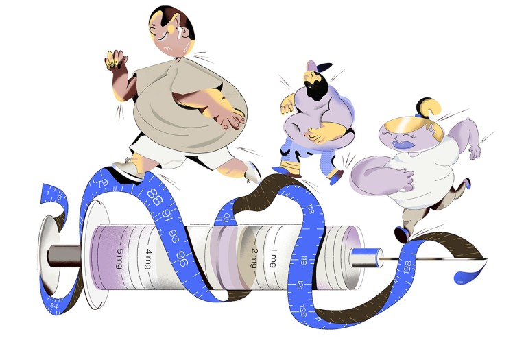 Conceptual illustration showing people jogging along a syringe.