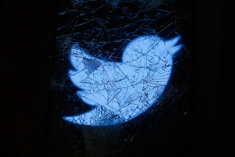 Twitter logo displayed on a phone screen is seen through the broken glass