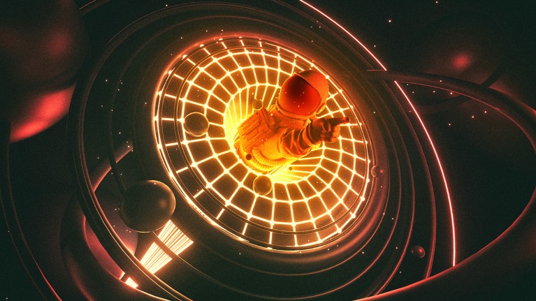 A figure in a spacesuit points towards us as it disappears into a black hole