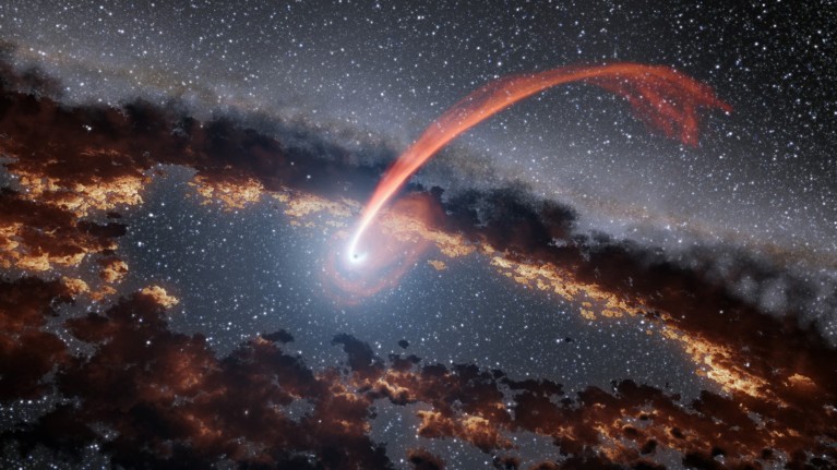 Illustration of a glowing stream of material from a star as it is being devoured by a supermassive black hole