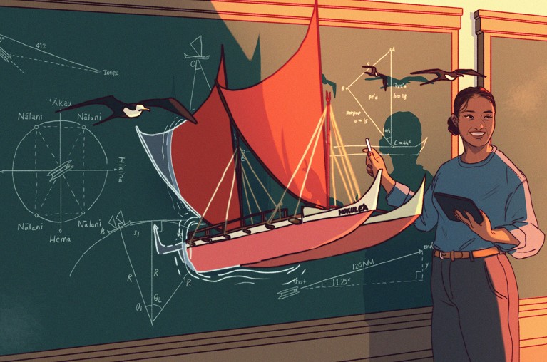 Cartoon showing a maths teacher in front of a blackboard with a Polynesian voyaging canoe emerging from mathematical equations