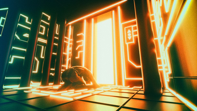 A human figure prostrates themselves in front of an open elevator door filled with light in a futuristic room