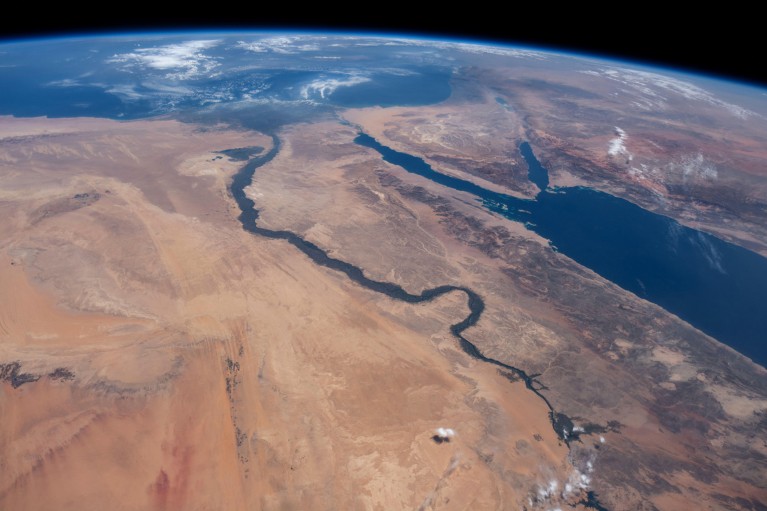 Satellite view of the Nile river, Red Sea and Mediterranean Sea
