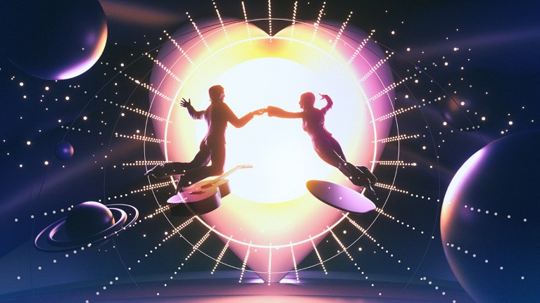 Two figures float through space towards a heart-shaped light, behind one floats a guitar behind the other floats a surfboard
