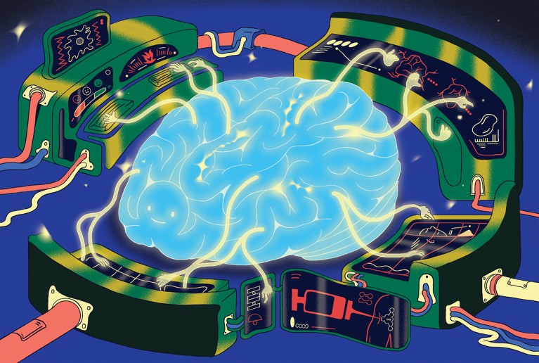 cartoon of a brain interacting with a hub of screens and panels, controlling the body’s response to illness