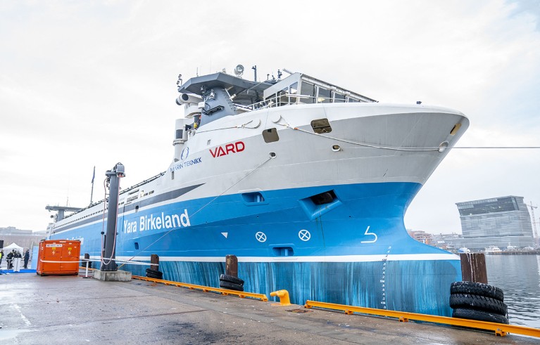 The world's first self-propelled, electric container ship MV Yara Birkeland is moored at Langkaia in Oslo, on November 19, 2021.